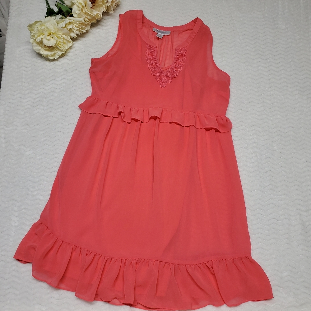 motherhood maternity Dress M CORAL PINK SLEEVELESS RUFFLED SHEER